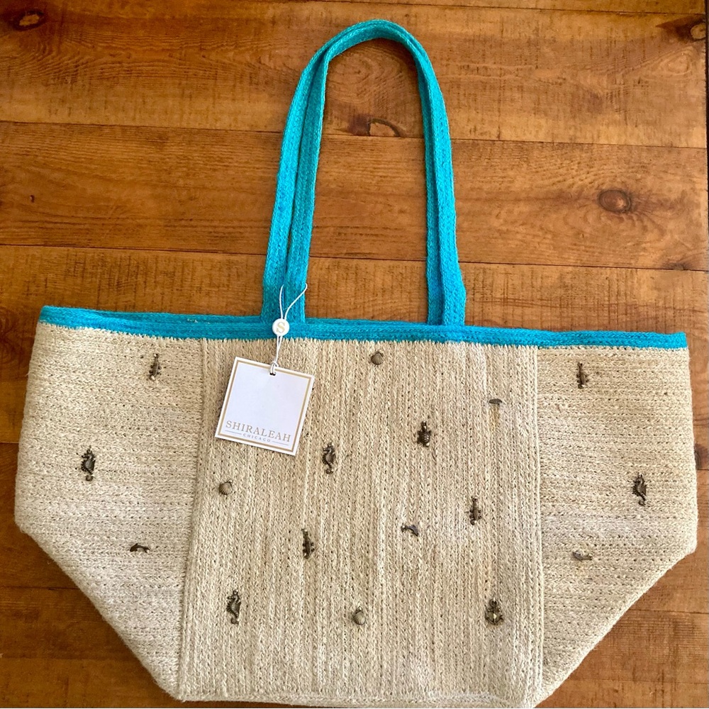 NEW Shiraleah Cici Natural Tote Bag Large Jute Sea Animal Charms Tan  12 x 22 - Picture 6 of 14